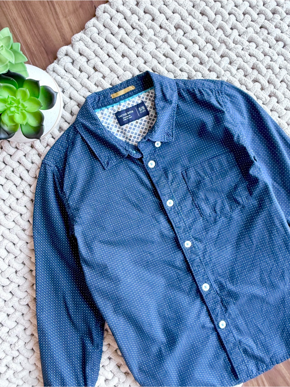 Cactus Boys | Long Sleeve Button Down Shirt | Pin Dot Navy | 5/6